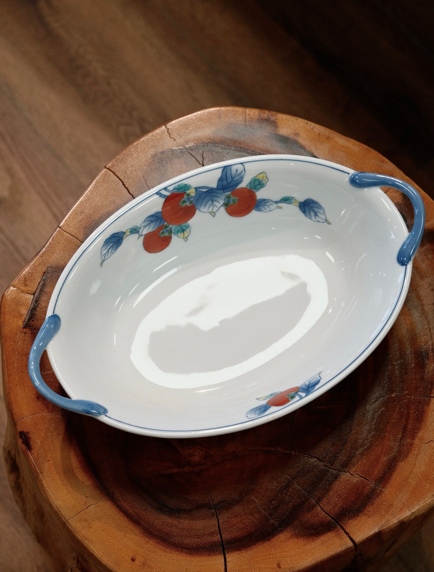 Arita yaki Handmade Persimmon Oval Handle Bowl