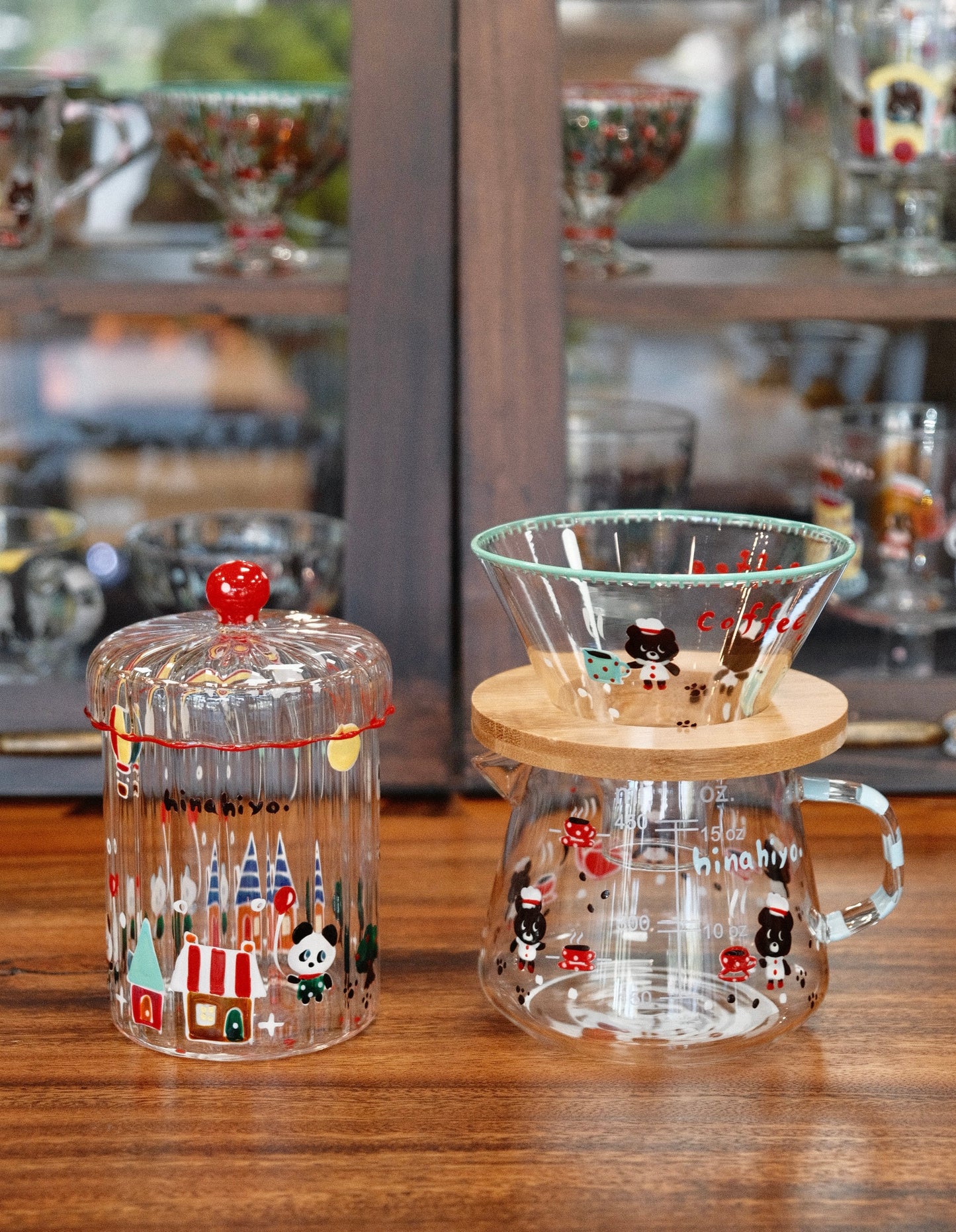 Hina Hiyo Club Hand-drawn Glass Coffee Dripper Stand Coffee Filter Wooden Filter Holder Set