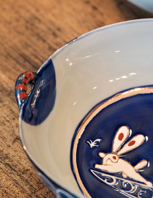Arita ware handmade rabbit handle bowl