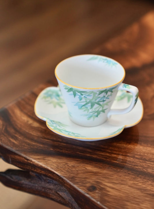 Japan Arita Yaki Artisan Hand Painted Green Leaf Cup and Saucer Set