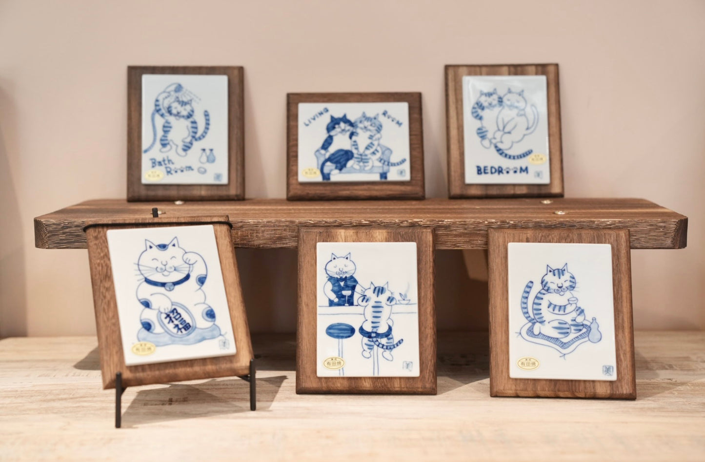 Japan Arita Hand painted “Sōmetsuke Cat Tile” Ceramic Plates with Wooden Frame