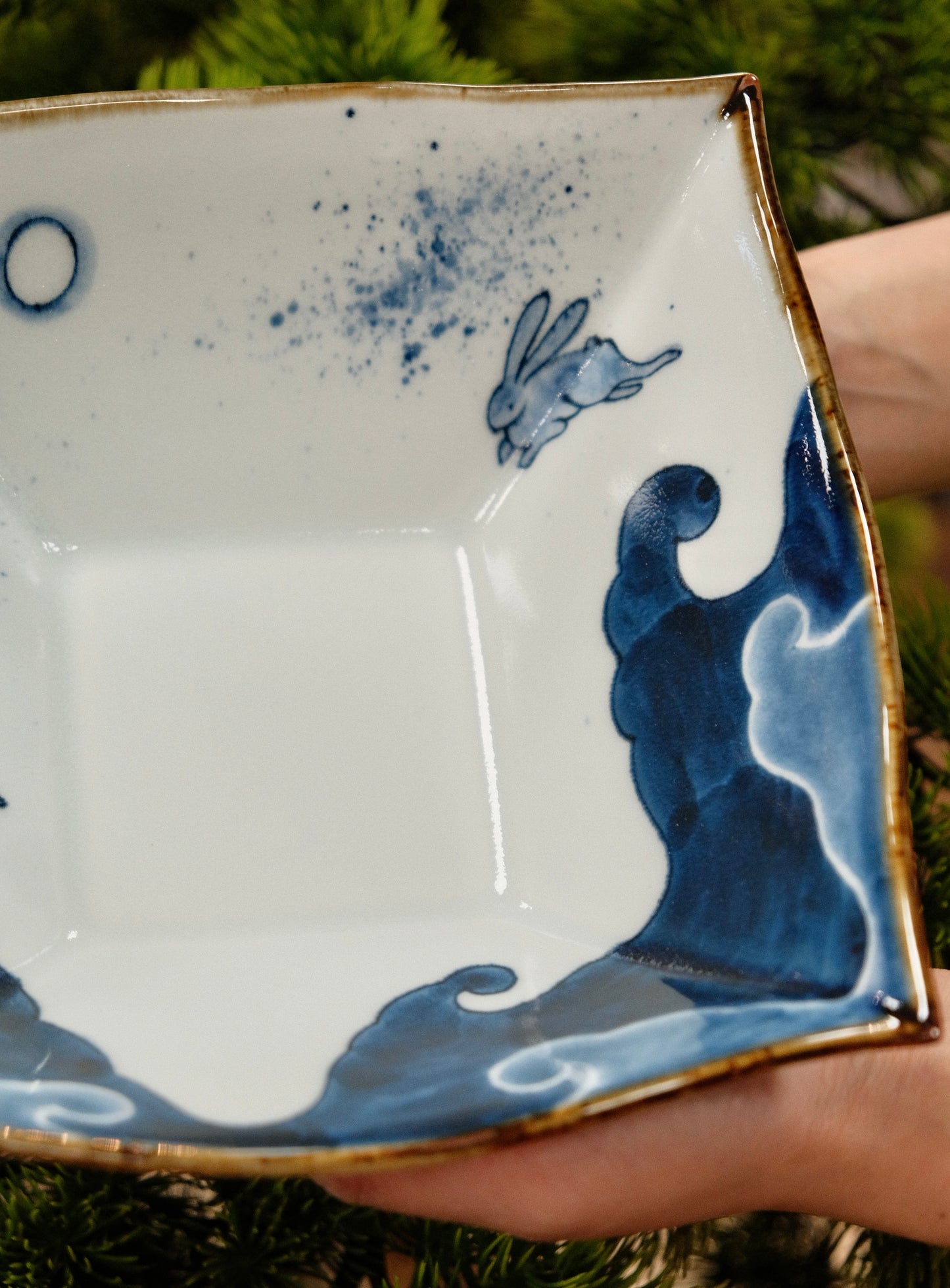 Arita Yaki Sometsuke Blue and White Handmade Large square Bowl (Rabbit)