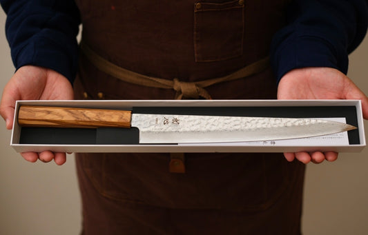 Hatsukokoro Hayabusa VG10 Damascus Tsuchime Sujihiki 270mm / Olive