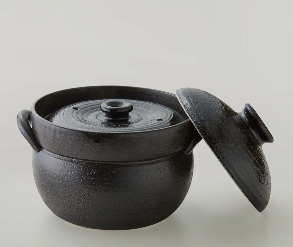 Banko Ware 2-Cups Rice Cooker Donabe Clay Pot Double Lid Ceramic Black Japan