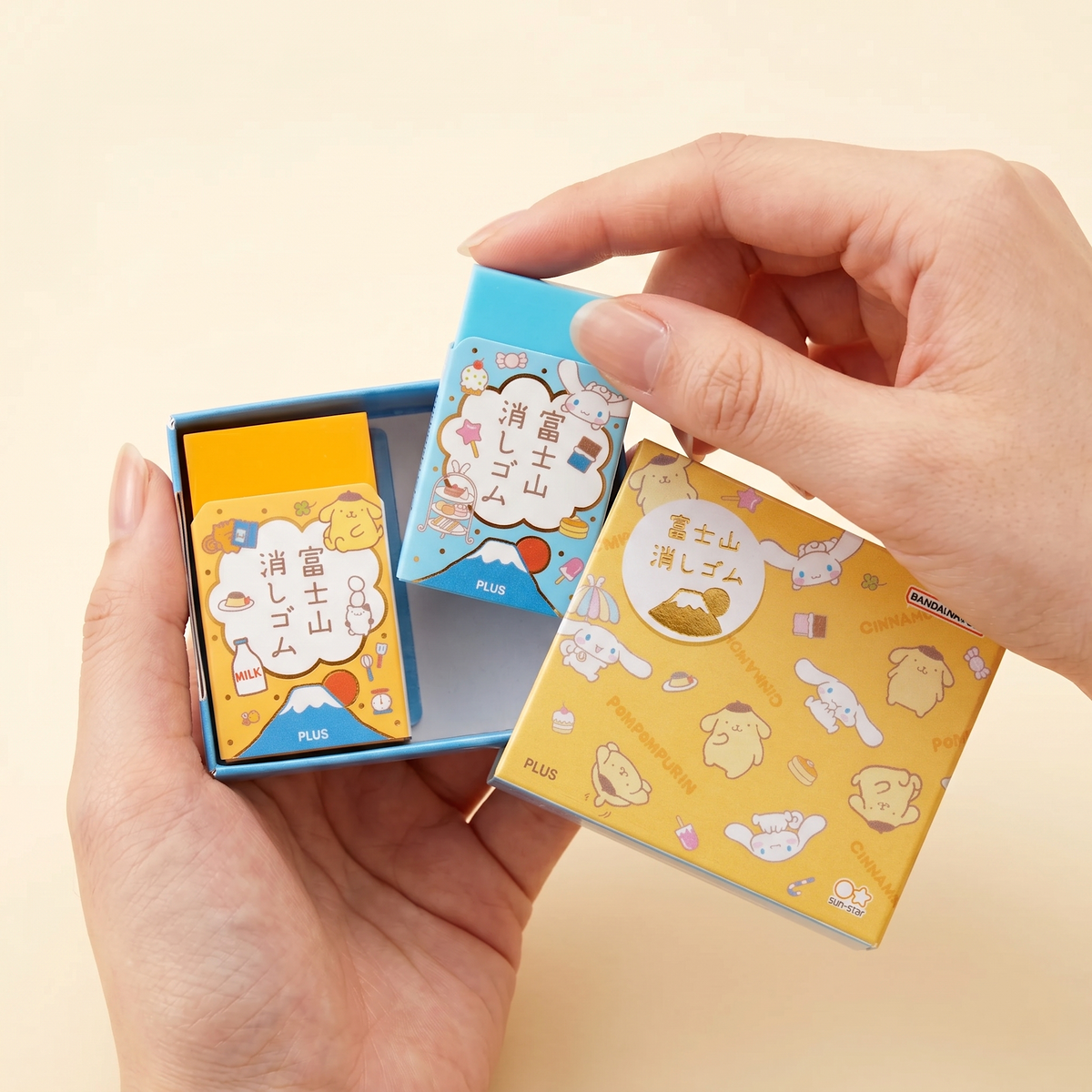 Pompompurin and Cinnamoroll erasers with sliding gift box