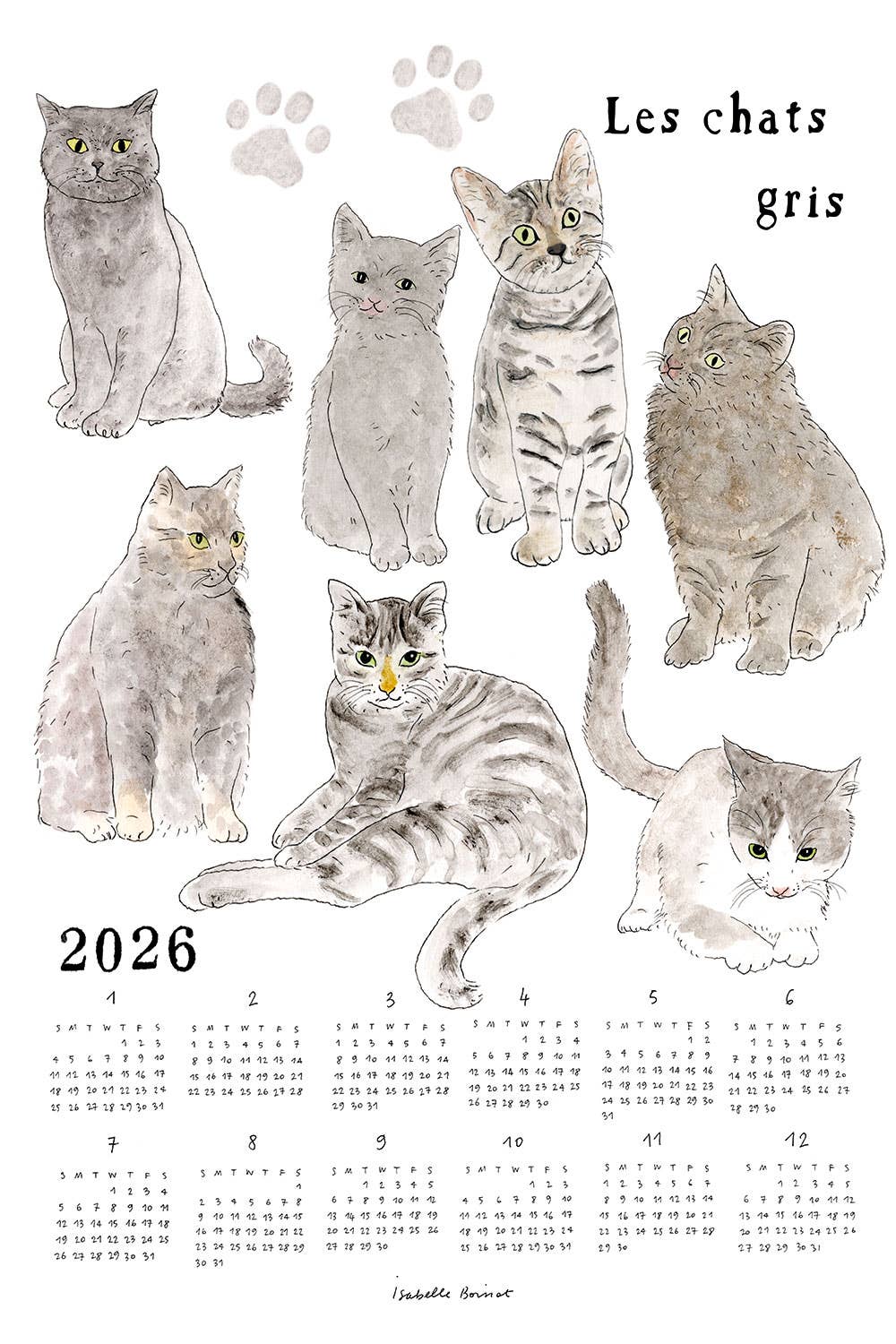2026 Linen Calendar Gray Cats