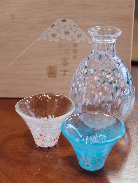 Toyo Sasaki Glass Sake Cups Set- Mt. Fuji Sakura(250ml/35ml)