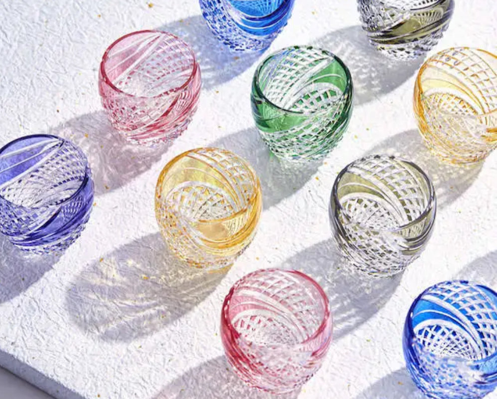 [KAGAMI CRYSTAL] Whiskey Glass DRAPE & TETRAGONAL BASKET WEAVE (BLUE) | EDO KIRIKO | KAGAMI CRYSTAL