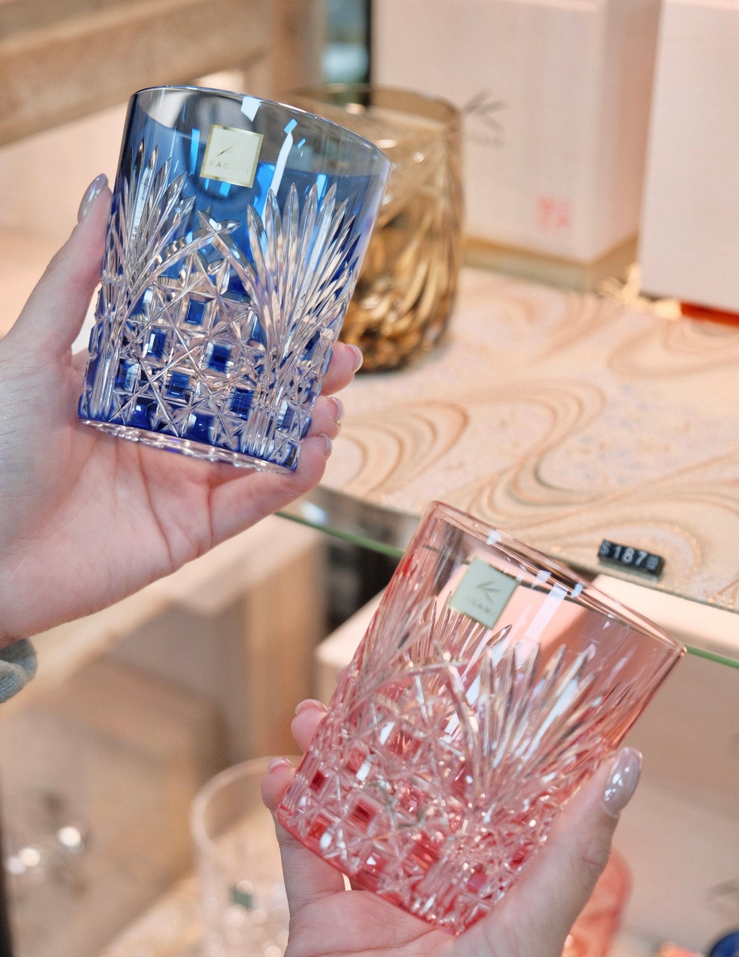 KAGAMI CRYSTAL [ROCKS GLASS] PAIR OF WHISKEY GLASSES BAMBOO LEAVES & TETRAGONAL BASKET WEAVE | EDO KIRIKO |