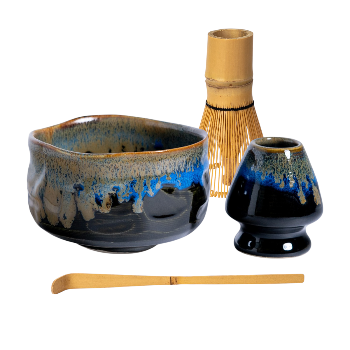 Japan Mino Ware 4-Piece Matcha Set with Whisk, Stand and Scoop – Black Blue, 18 oz