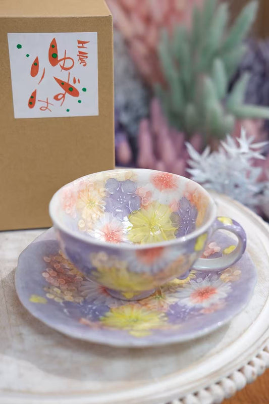 YUZURIHA FLOWER HANDMADE CERAMIC FLOWER CUP AND SAUCER