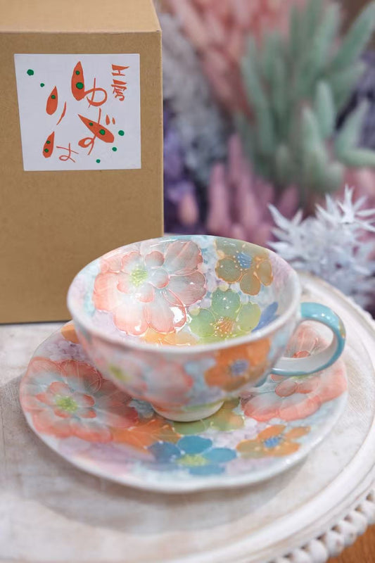 YUZURIHA FLOWER HANDMADE CERAMIC FLOWER CUP AND SAUCER