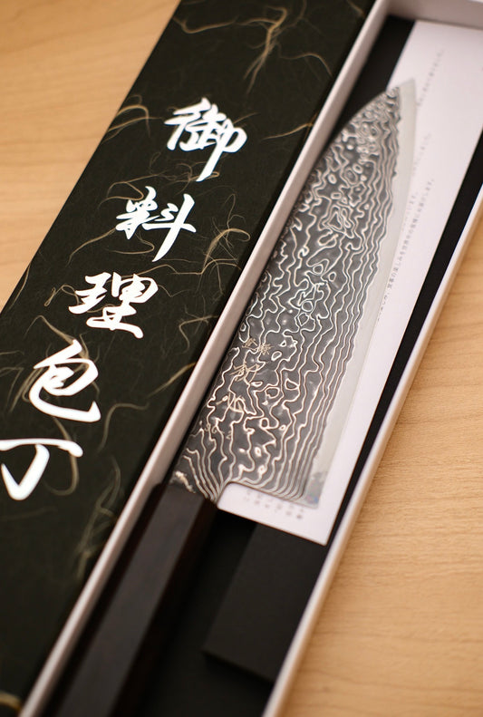 Hatsukokoro Ryuhyo SG2 Kurozome Damascus Santoku 180mm / Mono Ebony