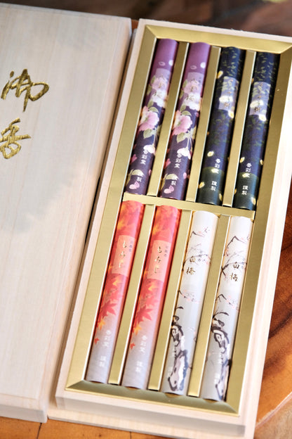 Kousaido Incense Gift Set – Four Seasons Collection (4 Scents × 2 Bundles) in Paulownia Wood Box