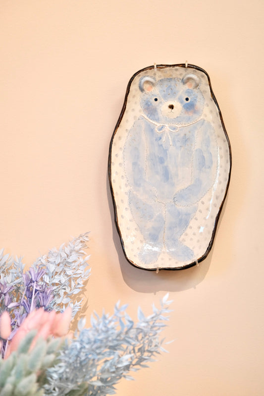 KONGARISHA-コンガリ舎 Handmade Bear Round Long 12.5inch Extra Large Plate (Blue）