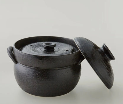 Banko Ware 2-Cups Rice Cooker Donabe Clay Pot Double Lid Ceramic Black Japan