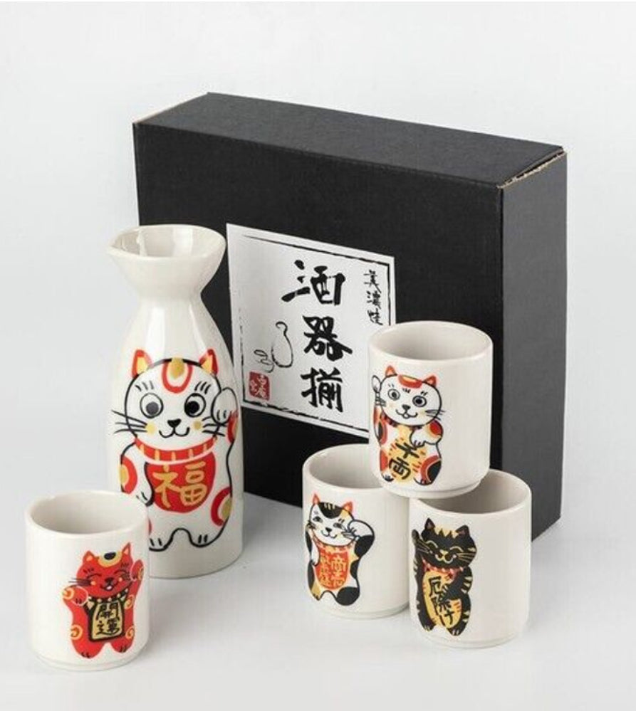 Mino ware Guinomi Japanese Ceramic Sake cup bottle setManeki neko Fukuraku set Manekineko Lucky cat Japan