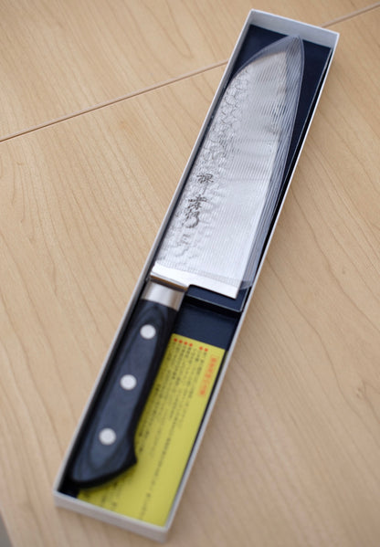 Sakai Takayuki Gyuto Japanese santuko 180 mm Damascus 33 Layer with Blue Handle
