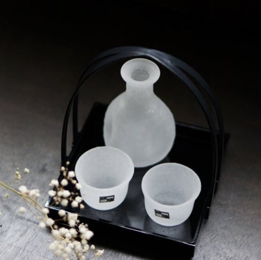 Hirota Frozen Glass Sake SET With Lacquer Tray, "SNOWSTORM", Pitcher + 2 Cups
