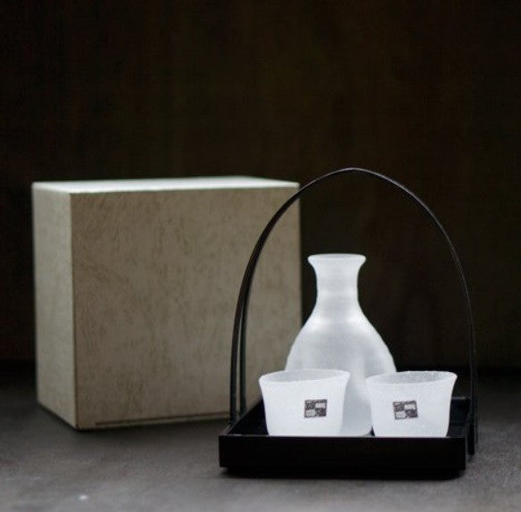 Hirota Frozen Glass Sake SET With Lacquer Tray, "SNOWSTORM", Pitcher + 2 Cups