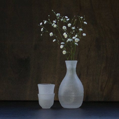 Hirota Frozen Glass Sake SET With Lacquer Tray, "SNOWSTORM", Pitcher + 2 Cups