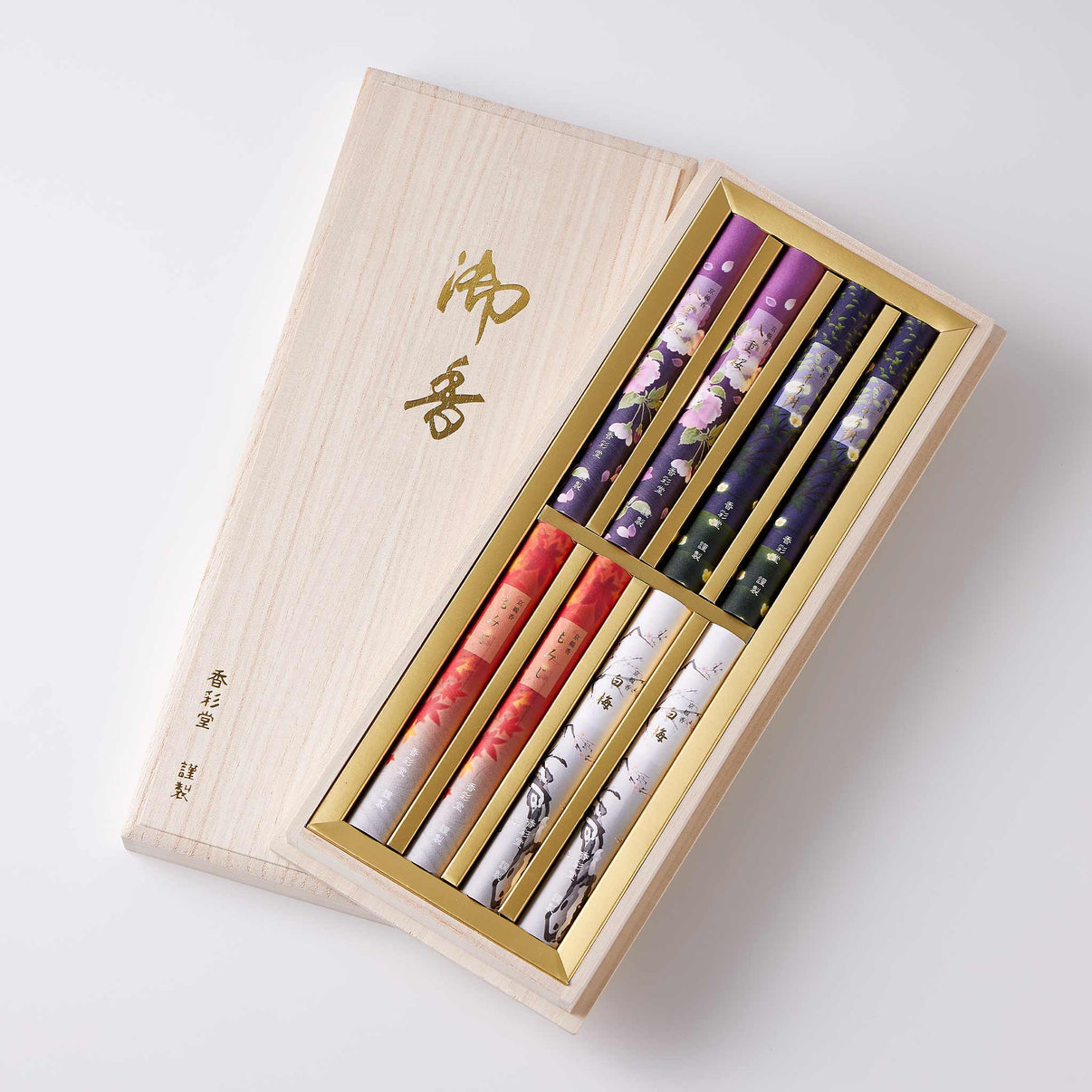 Kousaido Incense Gift Set – Four Seasons Collection (4 Scents × 2 Bundles) in Paulownia Wood Box