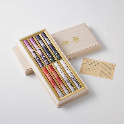 Kousaido Incense Gift Set – Four Seasons Collection (4 Scents × 2 Bundles) in Paulownia Wood Box