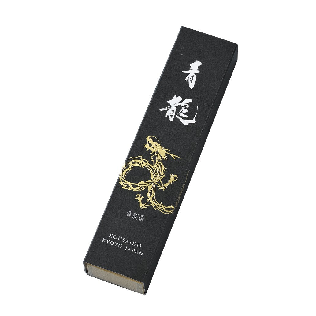 Kousaido Shijin Seiryu – Azure Dragon (青龍) incense, black box with gold guardian illustration