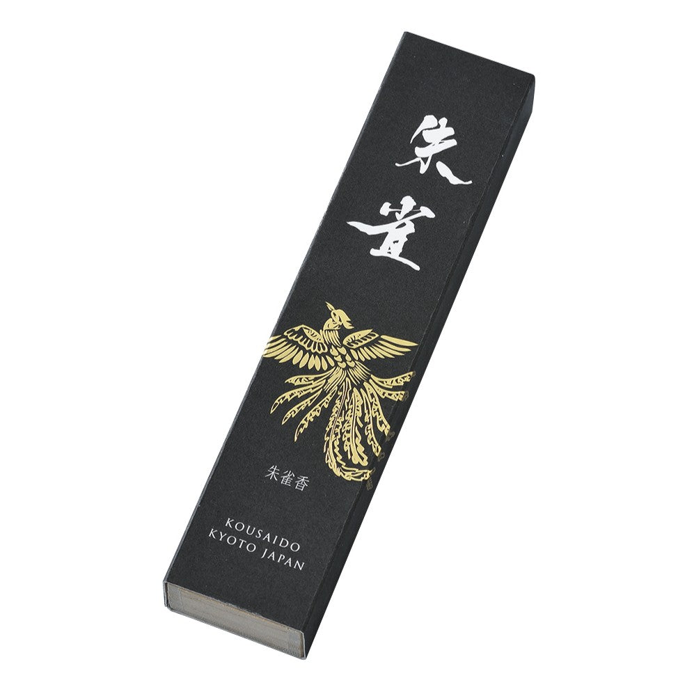 Kousaido Shijin Suzaku – Vermilion Bird (朱雀) incense, black box with gold guardian illustration