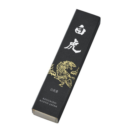 Kousaido Shijin Byakko – White Tiger (白虎) incense, black box with gold guardian illustration
