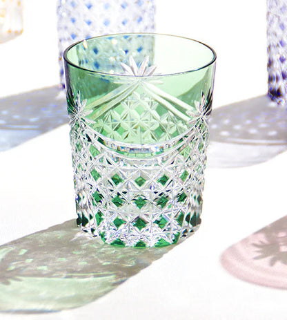 [KAGAMI CRYSTAL] Whiskey Glass DRAPE & TETRAGONAL BASKET WEAVE (GREEN) | EDO KIRIKO | KAGAMI CRYSTAL