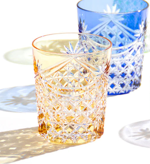[KAGAMI CRYSTAL] Whiskey Glass DRAPE & TETRAGONAL BASKET WEAVE (YELLOW ) | EDO KIRIKO | KAGAMI CRYSTAL
