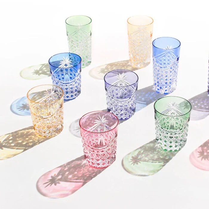 [KAGAMI CRYSTAL] Whiskey Glass DRAPE & TETRAGONAL BASKET WEAVE (GREEN) | EDO KIRIKO | KAGAMI CRYSTAL