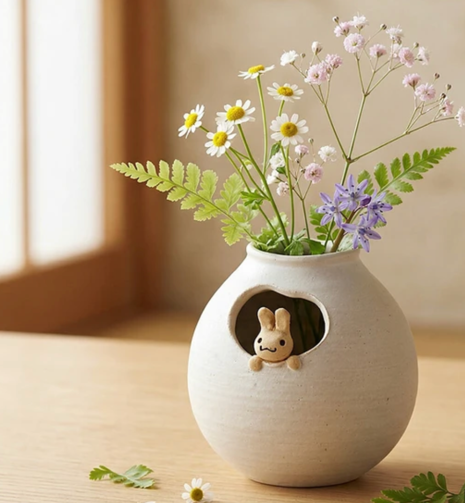 Shigaraki Yaki Rabbit Round Ceramic Flower vase