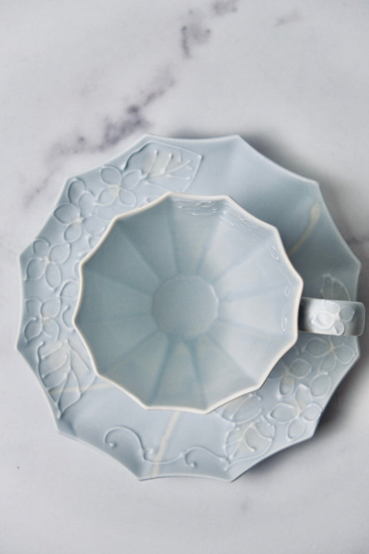 【Limited Edition Ship out 22TH December】 達 久美子 Tatsu Kumiko Purple French Hydrangea Cup and Saucer （Gift Box）